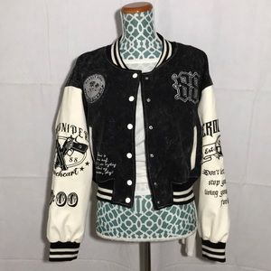 Zerocircle Embroidered Letterman’s Varsity Jacket Sz Small Denim & Vegan Leather